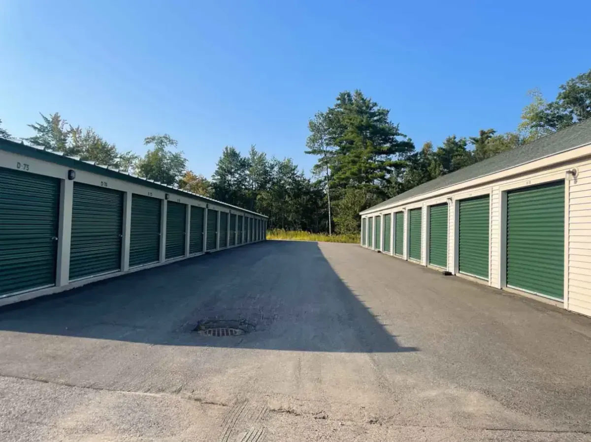 A wide aisle of storage units.
