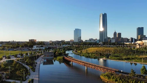 A beautiful view of the downtown Oklahoma City skyline and river walk.