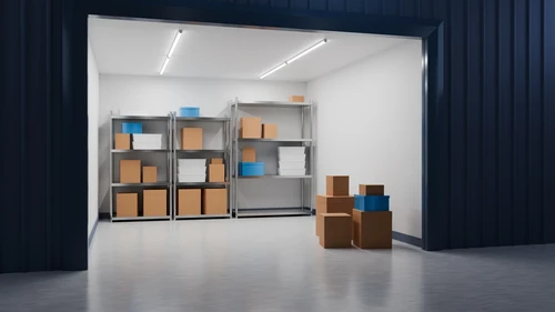 3d image storage unit with cardboard boxes organized inside with shelving