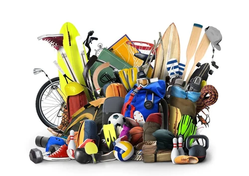 A group of common seasonal recreational gear, such as bicycles, surfboards, kayaks, and sports equipment.