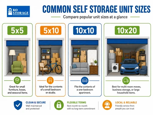 graphic of size guide for 5x5, 5x10, 10x10, and 10x20 storage units