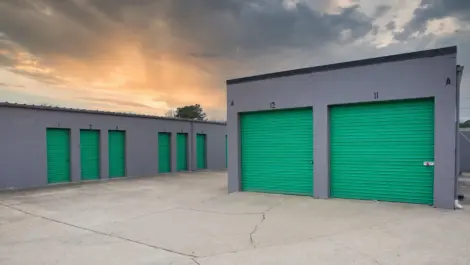 Multiple outdoor storage units with drive-up access and closed doors