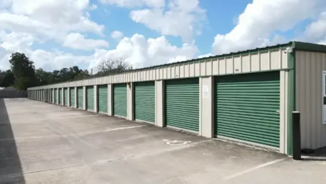 Green storage unit doors at KO Storage of Victoria - Beauvoir St