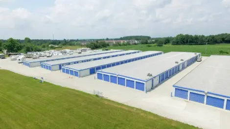 Aerial view of blue storage units at KO storage of New Oxford - Carlisle Pike