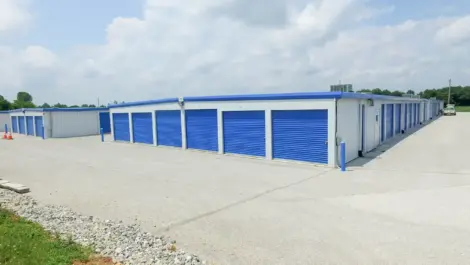 Bright blue doored storage units at KO Storage of New Oxford - Carlisle Pike
