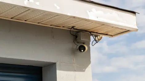 Close-up of a security camera mounted on an exterior wall.