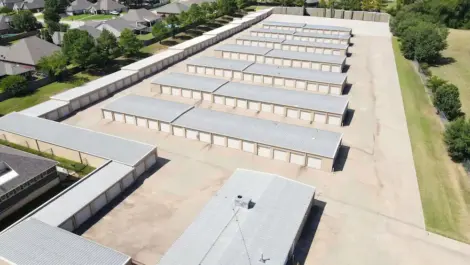 Aerial view of several blocks of storage units